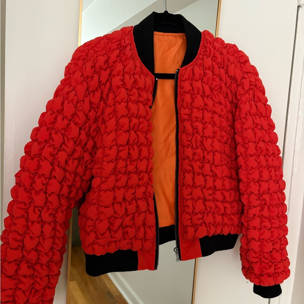 Red Textured Bomber Jacket
